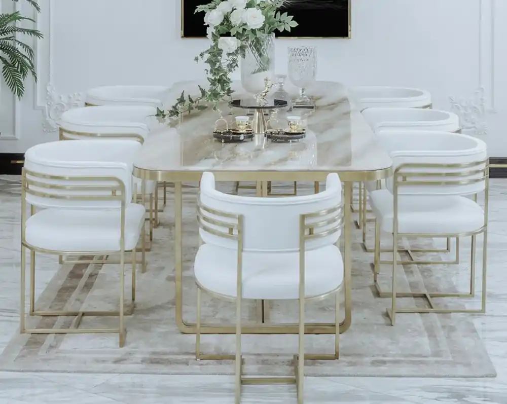 Expressversand Casa Padrino Luxus Esszimmer Stuhl Set mit Armlehnen Weiß / Gold 58 x 51 x H. 76 cm - Küchen Stühle 8er Set - Esszimmer Möbel - Restaurant Möbel - Luxus Möbel - Luxus Einrichtung