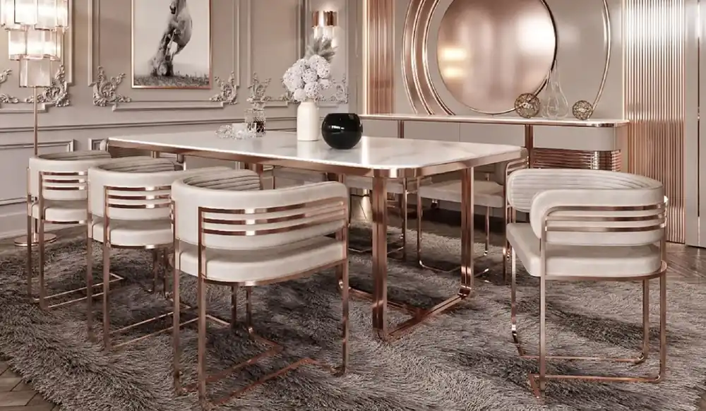 Casa Padrino Luxus Esszimmer Stuhl Set mit Armlehnen Grau / Kupfer 58 x 51 x H. 76 cm - Küchen Stühle 8er Set - Esszimmer Möbel - Restaurant Möbel - Luxus Möbel - Luxus Einrichtung Wochenendangebot