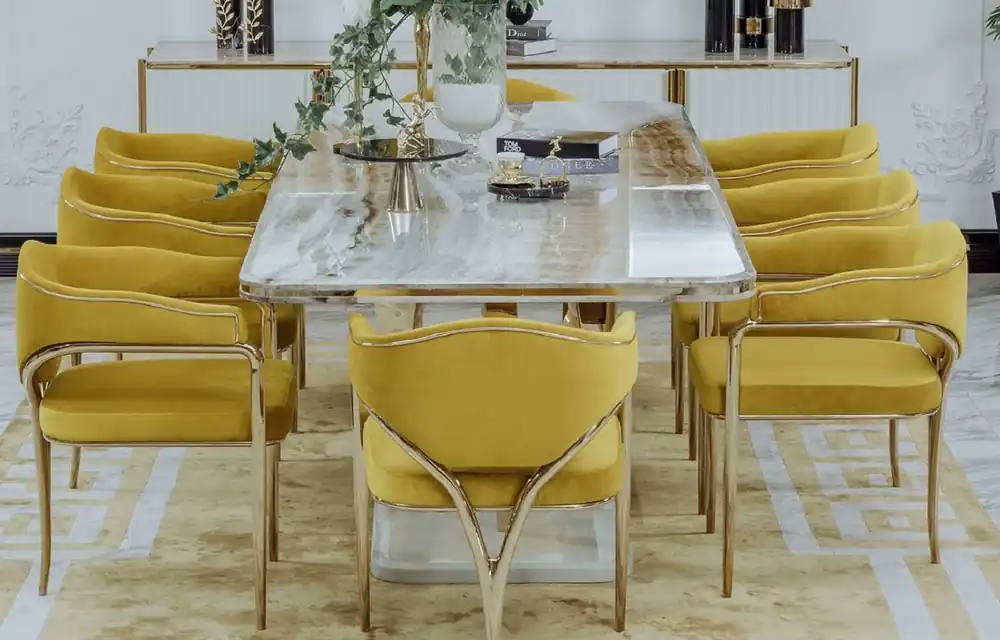 Casa Padrino Luxus Esszimmer Stuhl Set mit Armlehnen Gelb / Gold 60 x 59,8 x H. 80 cm - Küchen Stühle 8er Set - Esszimmer Möbel - Restaurant Möbel - Luxus Möbel - Luxus Einrichtung Echt