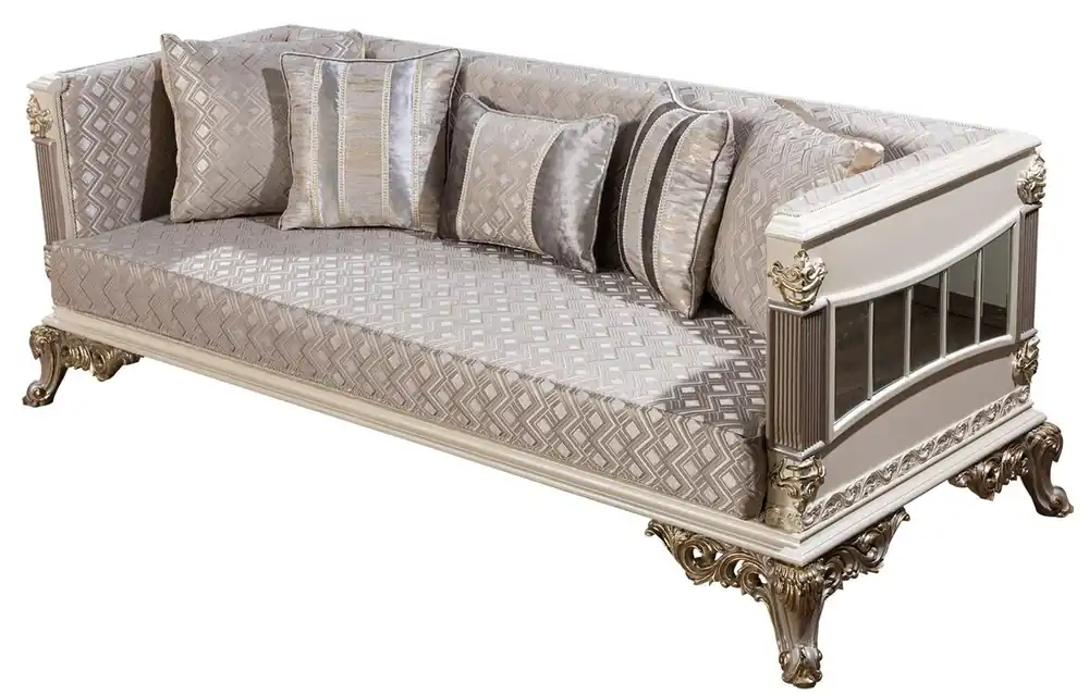 Casa Padrino Luxus Barock Sofa Silber / Weiß / Grau / Gold - Verspiegeltes Barockstil Wohnzimmer Sofa - Luxus Wohnzimmer Möbel im Barockstil - Barock Möbel - Barock Einrichtung Heißes Angebot