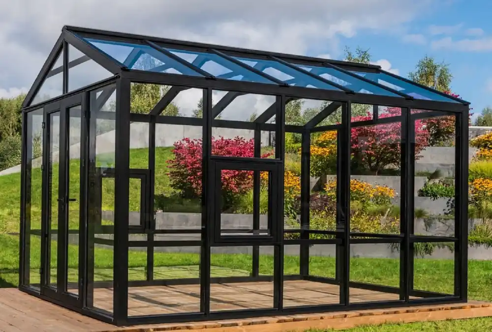 Finale Aktion Casa Padrino Luxus Gartenhaus Schwarz 400 x 300 x H. 276,2 cm - Massivholz Garten Haus mit Glasfenstern und Glastüren - Gewächshaus - Luxus Gartenhäuser - Luxus Gewächshäuser