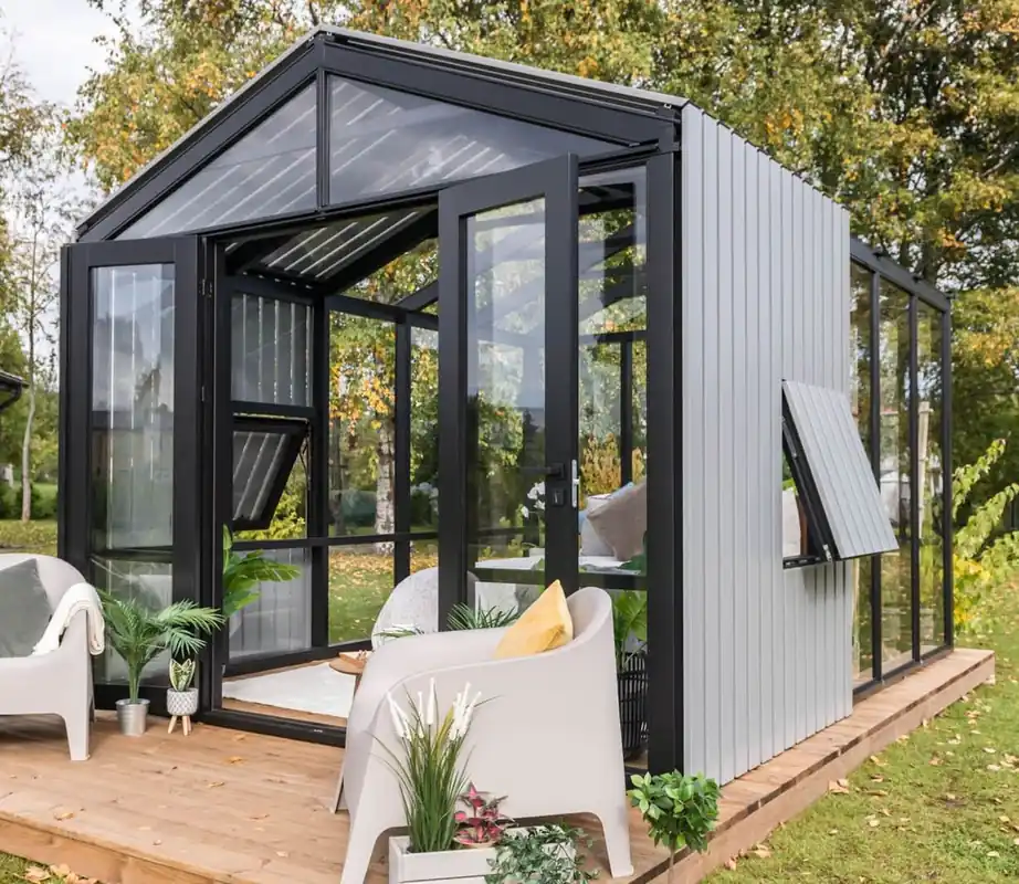 Highlight Casa Padrino Luxus Gartenhaus Schwarz / Grau 400 x 300 x H. 276,2 cm - Massivholz Garten Haus mit Glasfenstern und Glastüren - Gewächshaus - Luxus Gartenhäuser - Luxus Gewächshäuser