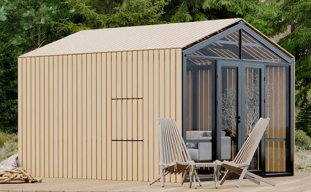 Casa Padrino Luxus Gartenhaus Schwarz / Beige 400 x 300 x H. 276,2 cm - Massivholz Garten Haus mit Glasfenstern und Glastüren - Moderne Gartenhäuser - Luxus Gartenhäuser Abverkauf