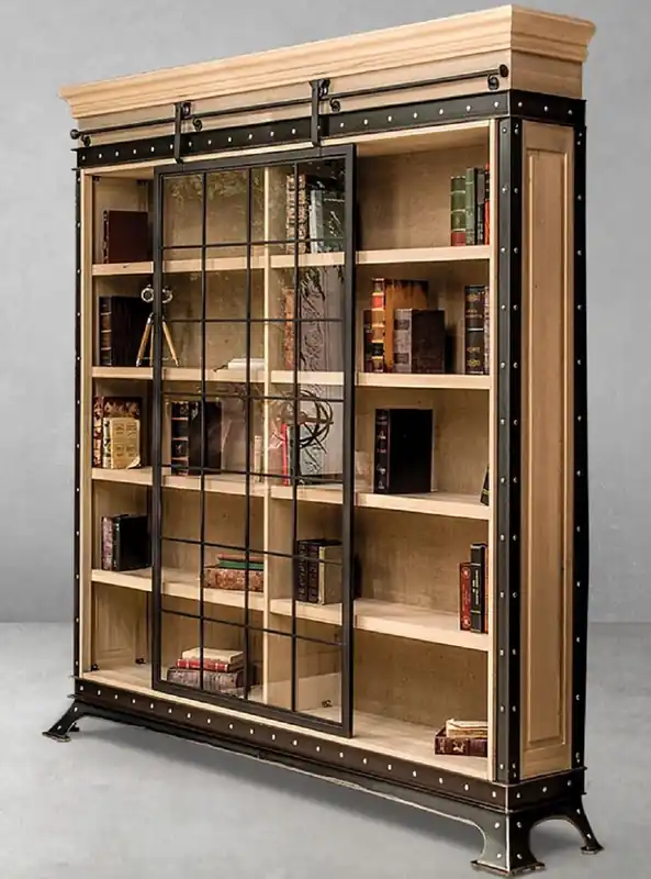 Casa Padrino Luxus Industrie Stil Bücherschrank Naturfarben / Schwarz 245,5 x 42 x H. 247 cm - Massivholz Schrank mit Schiebetür - Wohnzimmerschrank - Büroschrank - Luxus Industrie Stil Möbel Markenware