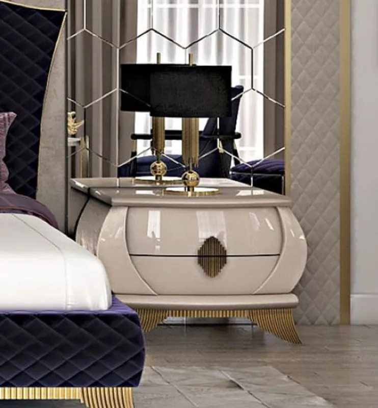 Casa Padrino Luxus Art Deco Nachtkommode Creme / Gold 75 x 50 x H. 55 cm - Eleganter Massivholz Nachttisch mit 2 Schubladen - Art Deco Schlafzimmer & Hotel Möbel - Luxus Kollektion Neu