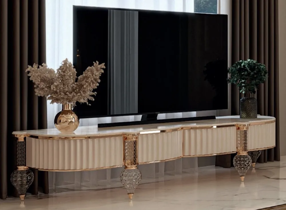 Casa Padrino Luxus Art Deco TV Schrank Weiß / Grau / Gold 180 x 60 x H. 56 cm - Massivholz Sideboard mit edler Kunstmarmor Platte - Art Deco Wohnzimmer Möbel - Luxus Wohnzimmer Möbel Rabatt