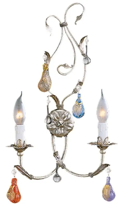 Casa Padrino Luxus Barock Doppel Wandleuchte Silber mit Patina / Mehrfarbig 32 x 13 x H. 52 cm - Elegante Barockstil Wandlampe mit Murano Glas - Barock Leuchten - Luxus Qualität - Made in Italy Nur Für Kurze Zeit