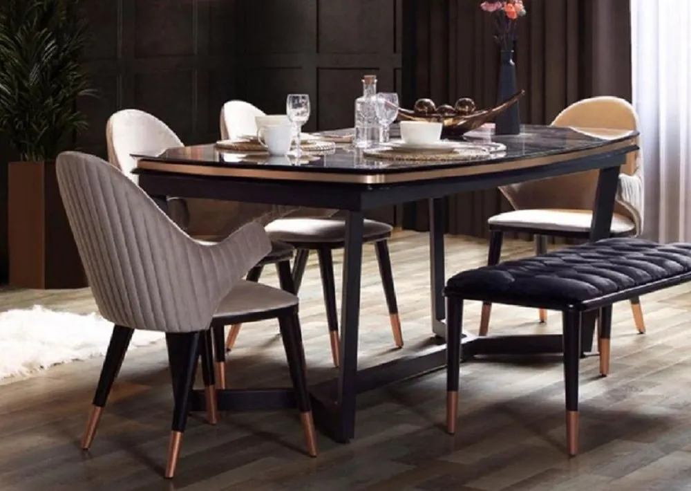 Begrenztes Angebot Casa Padrino Luxus Esszimmer Set Grau / Schwarz / Kupfer - 1 Luxus Esszimmertisch & 6 Luxus Esszimmerstühle mit Armlehnen - Esszimmer Möbel - Restaurant Möbel - Luxus Möbel - Luxus Einrichtung