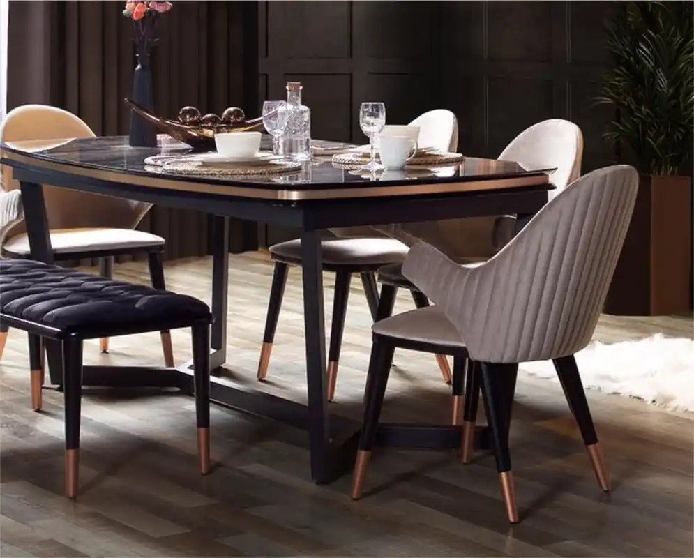 Casa Padrino Luxus Esszimmer Set Grau / Schwarz / Kupfer - 1 Ausziehbarer Luxus Esszimmertisch & 6 Luxus Esszimmerstühle mit Armlehnen - Esszimmer Möbel - Restaurant Möbel - Luxus Möbel Abverkauf
