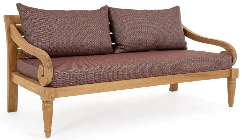 Casa Padrino Luxus Gartensofa Weinrot / Naturfarben 165 x 80 x H. 75 cm - Rustikales Teakholz Garten Sofa mit Kissen - Massivholz Garten Möbel - Rustikale Garten Möbel - Luxus Garten Möbel Top-Seller