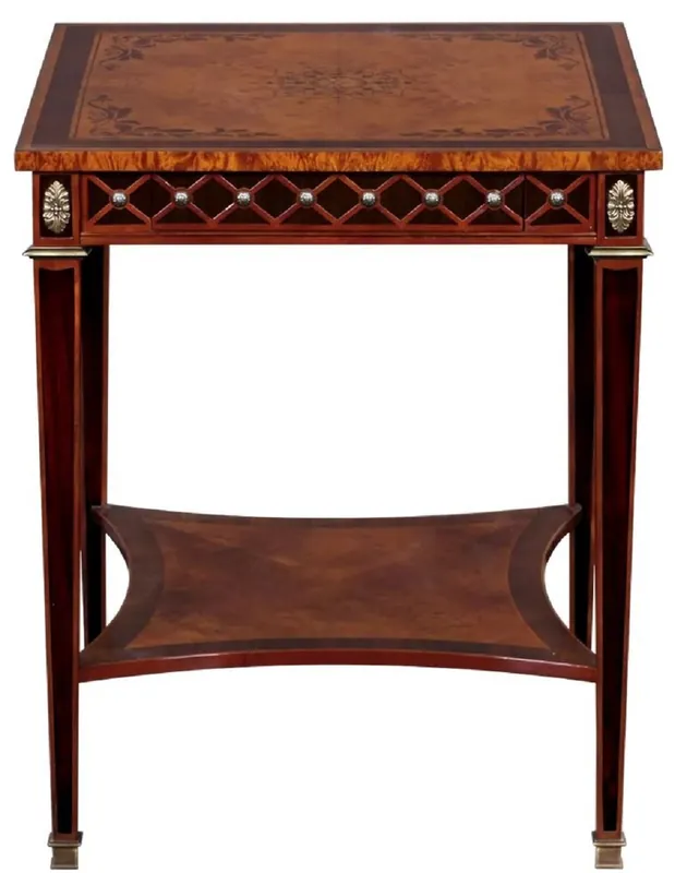Casa Padrino Luxus Art Deco Beistelltisch Naturfarben / Braun Intarsien / Silber / Antik Messing 61 x 61 x H. 77 cm - Quadratischer Massivholz Tisch mit Schublade - Luxus Art Deco Wohnzimmer Möbel Nur Heute