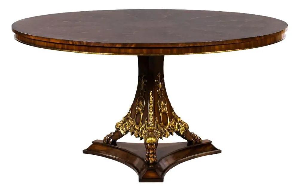 Casa Padrino Luxus Barock Esstisch Dunkelbraun Intarsien / Gold Ø 135 cm - Runder Barockstil Massivholz Küchentisch - Luxus Esszimmer Möbel im Barockstil - Barock Esszimmer Möbel Top-Preis