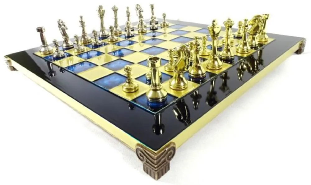 Preisreduziert Casa Padrino Luxus Schach Set Schwarz / Blau / Gold / Silber / Messing 36 x 36 cm - Modernes Schachspiel - Handbemaltes Messing Schachbrett mit Metall Schachfiguren - Luxus Deko Accessoires