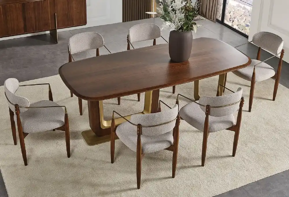 Schneller Versand Casa Padrino Luxus Esszimmer Set Grau / Braun / Messing - 1 Luxus Esszimmertisch & 6 Luxus Esszimmerstühle mit Armlehnen - Esszimmer Möbel - Restaurant Möbel - Luxus Möbel - Luxus Einrichtung