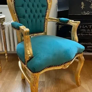 Schnäppchen Casa Padrino Barock Esszimmer Stuhl mit Armlehnen Türkis / Gold - Handgefertigter Antik Stil Massivholz Stuhl mit edlem Samtstoff - Esszimmer Möbel im Barockstil - Barock Möbel