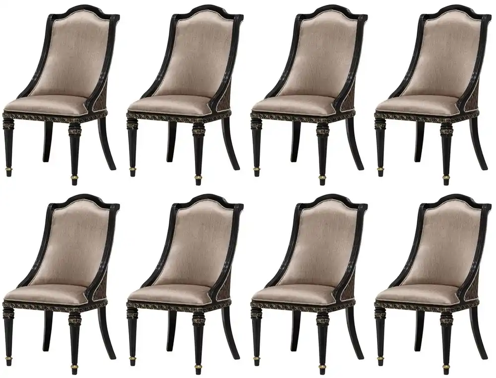 Casa Padrino Luxus Barock Esszimmer Stuhl 8er Set Silber / Schwarz / Gold - Prunkvolle Barockstil Küchen Stühle - Luxus Barockstil Esszimmer Möbel - Barock Esszimmer Möbel - Barockstil Möbel Aktuell