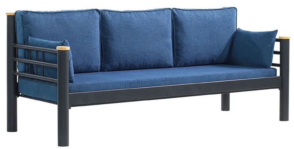 Neue Ware Casa Padrino Jugendstil Gartensofa Blau / Grau / Naturfarben 200 x 70 x H. 85 cm - Metall Garten Sofa mit Kissen - Terrassen Sofa - Garten Möbel - Terrassen Möbel - Jugendstil Möbel