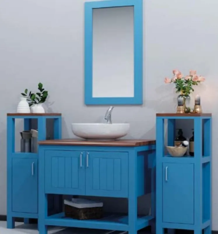 Casa Padrino Landhausstil Badezimmer Set Blau / Braun - 1 Waschbeckenschrank mit Keramik Waschbecken & 2 Regalschränke & 1 Wandspiegel - Massivholz Badezimmer Möbel - Landhausstil Badezimmer Möbel Bestpreis