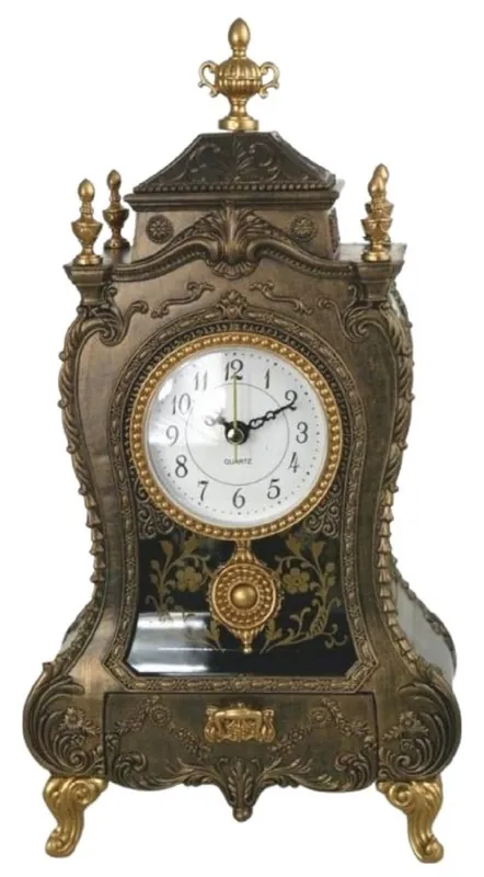 Casa Padrino Barock Tischuhr Bronze / Antik Gold 17 x 9 x H. 32 cm - Barockstil Schreibtischuhr mit Melodie - Barock Schreibtisch Deko - Barock Deko Accessoires - Barockstil Uhren Abverkauf