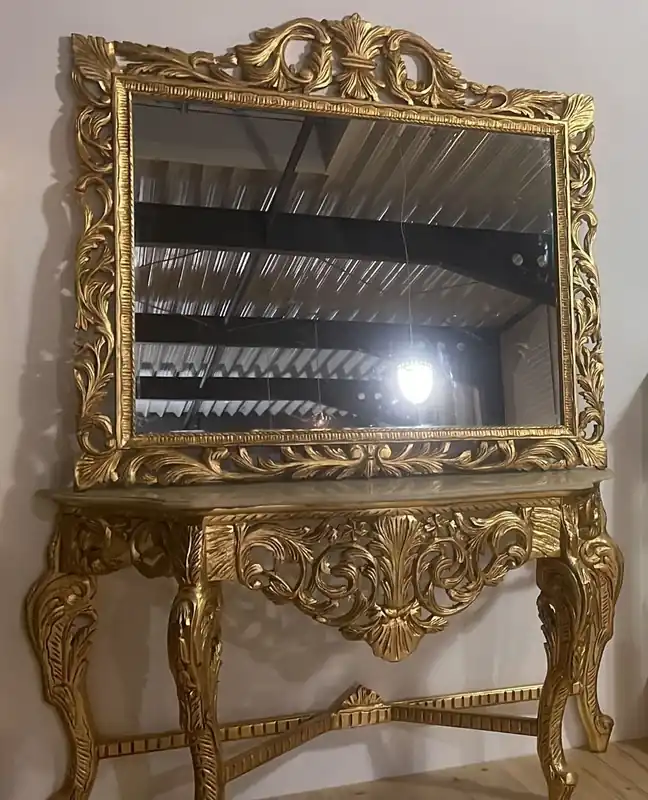 Casa Padrino Barock Konsole mit Marmorplatte und Spiegel Gold / Creme Grau - Prunkvolle Spiegelkonsole im Barockstil - Garderoben Möbel Barockstil - Barock Möbel - Edel & Prunkvoll Angebot