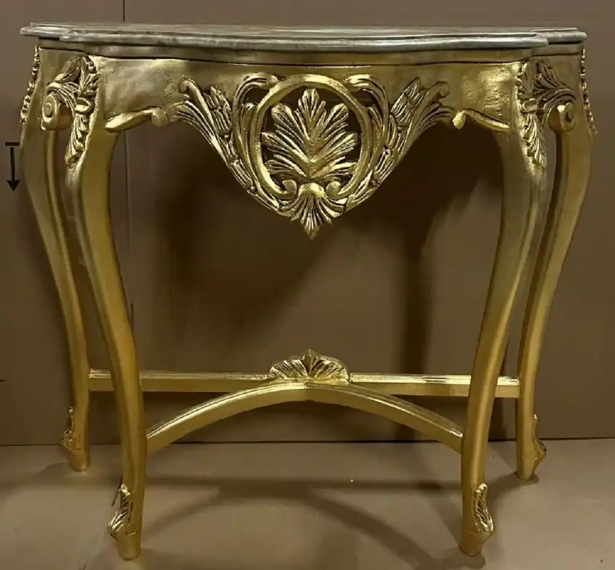 Casa Padrino Barock Konsole Gold / Grau - Handgefertigter Massivholz Konsolentisch mit Marmorplatte - Antik Stil Konsole - Antik Stil Möbel - Barock Möbel - Barock Einrichtung Saisonangebot
