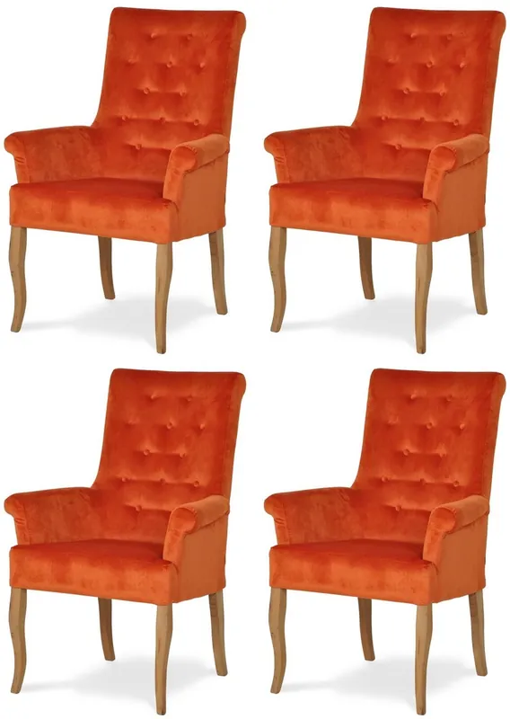 Preisknaller Casa Padrino Chesterfield Neo Barock Esszimmer Stuhl 4er Set Orange / Naturfarben - Küchenstühle mit Armlehnen - Esszimmer Möbel - Chesterfield Möbel - Neo Barock Möbel