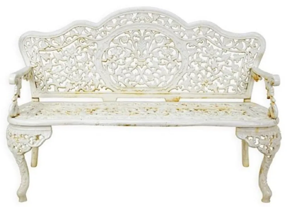 Casa Padrino Barock Gartenbank Cremeweiß 133 x H. 86 cm - Prunkvolle Gusseisen Garten Sitzbank - Gusseisen Gartenmöbel - Barock Garten Möbel - Garten Möbel im Barockstil Markenprodukt