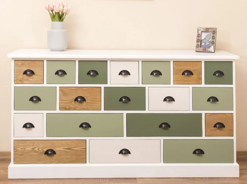 Casa Padrino Landhausstil Kommode Weiß / Grün / Naturfarben 180 x 48 x H. 95 cm - Massivholz Schrank mit 19 Schubladen - Landhausstil Möbel - Möbel im Landhausstil - Landhausstil Einrichtung Solange Der Vorrat Reicht