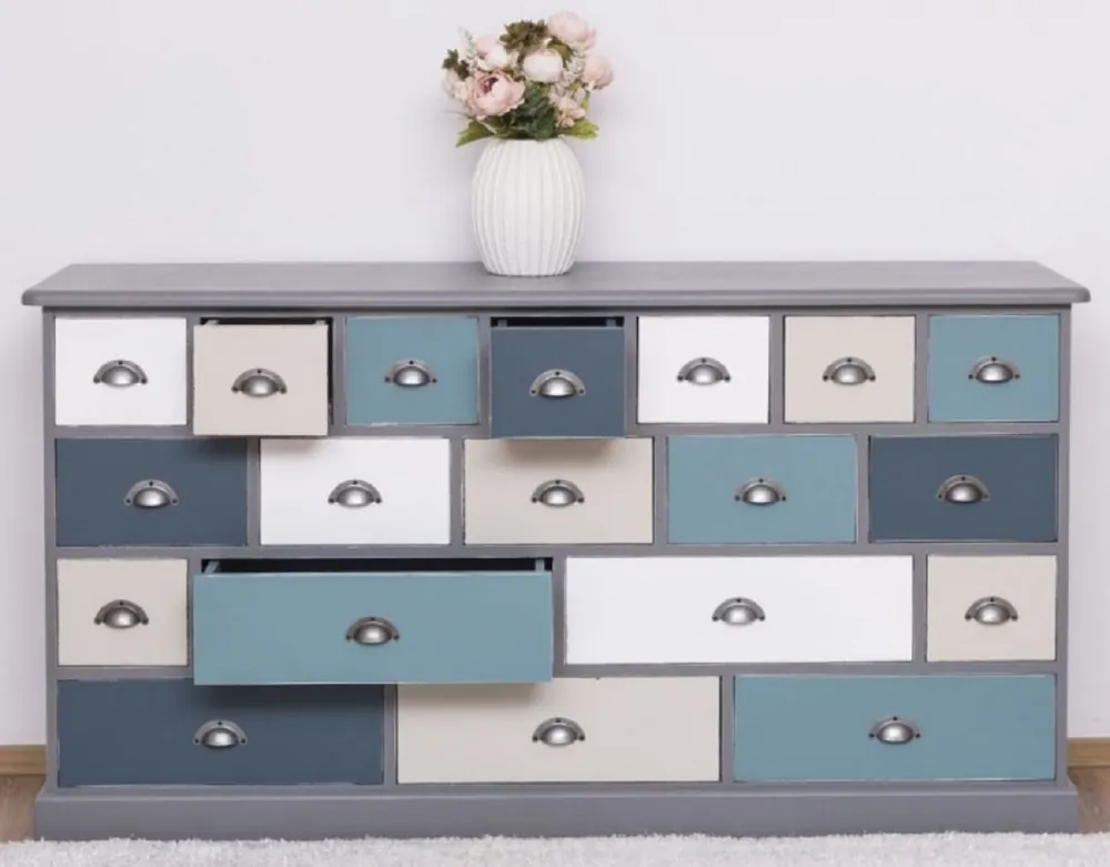 Casa Padrino Landhausstil Kommode Grau / Mehrfarbig 180 x 48 x H. 95 cm - Massivholz Schrank mit 19 Schubladen - Landhausstil Möbel - Möbel im Landhausstil - Landhausstil Einrichtung Versand Am Gleichen Tag