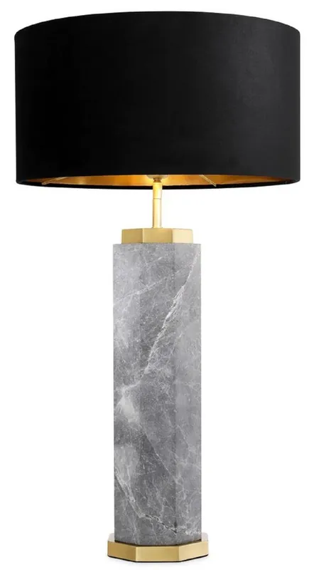 Garantierte Lieferung Casa Padrino Luxus Tischleuchte Grau / Antik Messing / Schwarz Ø 40 x H. 75 cm - Marmor Schreibtischleuchte mit rundem Samt Lampenschirm - Luxus Tischleuchten - Luxus Schreibtischleuchten