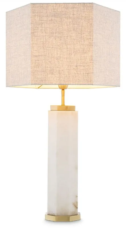 Must-Have Casa Padrino Luxus Tischleuchte Weiß / Antik Messing / Grau 46 x 46 x H. 84,5 cm - Alabaster Schreibtischleuchte mit sechseckigem Lampenschirm - Luxus Tischleuchten - Luxus Schreibtischleuchten