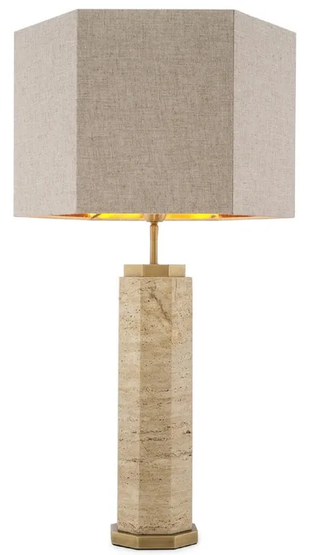 Neue Ware Casa Padrino Luxus Tischleuchte Beige / Antik Messing / Grau 46 x 46 x H. 84,5 cm - Travertin Schreibtischleuchte mit sechseckigem Lampenschirm - Luxus Tischleuchten - Luxus Schreibtischleuchten