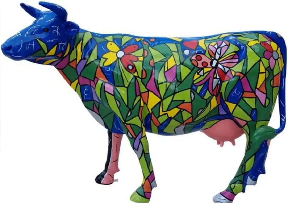 Top-Preis Casa Padrino Luxus Deko Skulptur Kuh Blau / Mehrfarbig 210 x 55 x H. 147 cm - Riesige Gartenskulptur - Lebensgroße Skulptur - XXL Deko Skulptur - XXL Deko Figur - XXL Tierfigur - Deko Tierfigur