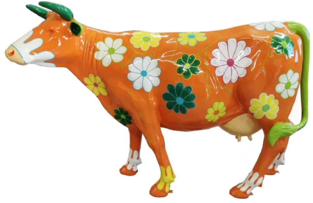 Rabatt Casa Padrino Luxus Deko Skulptur Kuh Orange / Mehrfarbig 210 x 55 x H. 147 cm - Riesige Gartenskulptur - Lebensgroße Skulptur - XXL Deko Skulptur - XXL Deko Figur - XXL Tierfigur - Deko Tierfigur