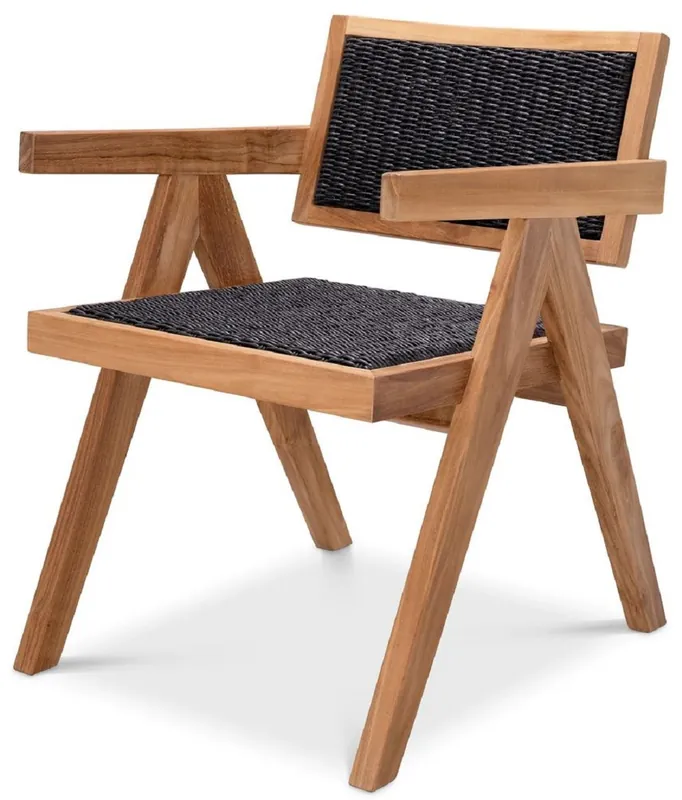 Casa Padrino Luxus Teakholz Esszimmer Stuhl mit Armlehnen Naturfarben / Schwarz 56 x 65,5 x H. 78 cm - Garten Stuhl - Terrassen Stuhl - Garten Möbel - Esszimmer Möbel - Luxus Teakholz Möbel Wochenendangebot
