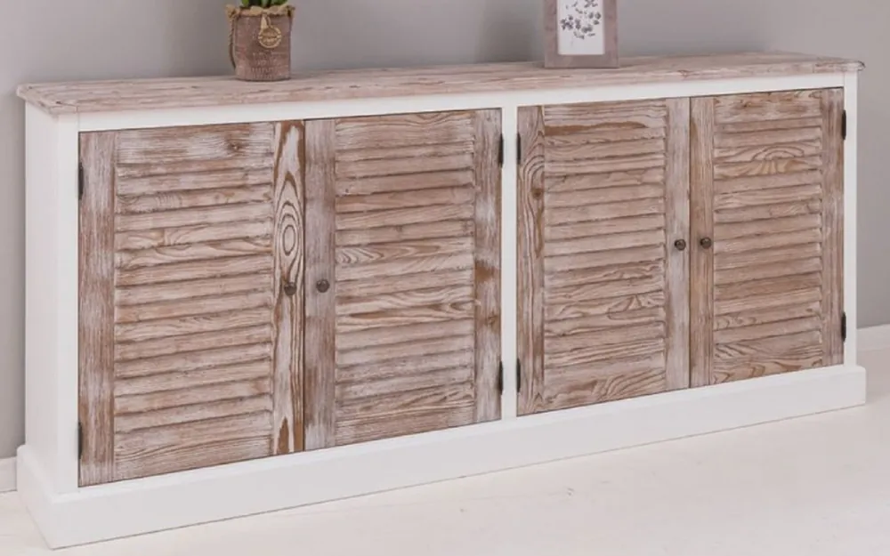 Casa Padrino Landhausstil Sideboard Weiß / Naturfarben 209 x 37 x H. 90 cm - Massivholz Schrank mit 4 Türen - Massivholz Möbel - Esszimmer Möbel - Landhausstil Möbel Sonderangebot