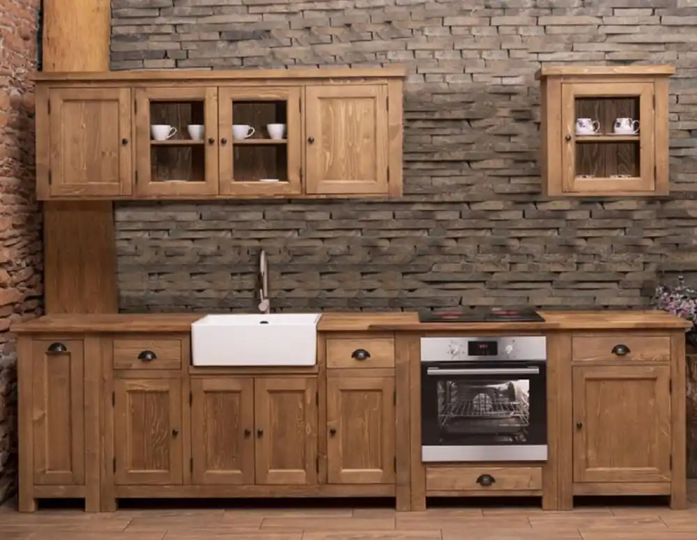 Casa Padrino Landhausstil Einbauküche Braun 343 x 65 x H. 90 cm - Massivholz Küchenzeile - Esszimmer Möbel im Landhausstil - Landhausstil Massivholz Einbauküchen Ausverkauf