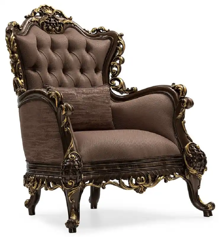 Casa Padrino Luxus Barock Wohnzimmer Sessel Grau / Braun / Gold - Handgefertigter Barockstil Sessel mit dekorativem Kissen - Luxus Wohnzimmer Möbel im Barockstil - Barock Möbel - Edel & Prunkvoll Billig