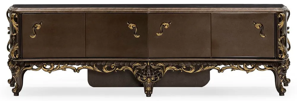 Casa Padrino Luxus Barock TV Schrank Braun / Gold - Prunkvolles Massivholz Sideboard mit 4 Türen - Wohnzimmer Möbel im Barockstil - Barock Möbel - Edel & Prunkvoll Preisreduziert