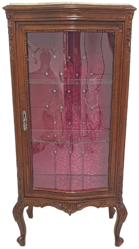 Casa Padrino Barock Vitrine Braun / Creme / Bordeauxrot - Handgefertigter Massivholz Vitrinenschrank mit Glitzersteinen und Marmorplatte - Wohnzimmer Möbel im Barockstil - Barock Möbel Kracherpreis