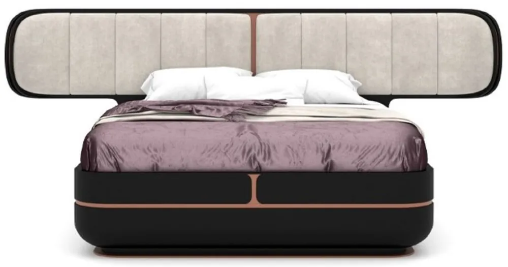 Sichere Zahlung Casa Padrino Luxus Doppelbett Grau / Schwarz / Kupfer 330 x 215 x H. 120 cm - Massivholz Bett mit gepolstertem Kopfteil - Schlafzimmer Möbel - Hotel Möbel - Luxus Möbel