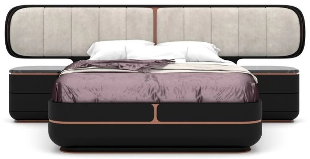 Casa Padrino Luxus Schlafzimmer Set Grau / Schwarz / Kupfer - 1 Doppelbett mit Kopfteil & 2 Nachtkommoden - Luxus Schlafzimmer Möbel - Luxus Schlafzimmer Einrichtung Top-Angebot