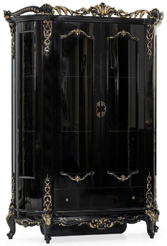 Casa Padrino Luxus Barock Vitrine Schwarz / Gold - Prunkvoller Massivholz Vitrinenschrank mit 2 Türen und Schublade - Luxus Möbel im Barockstil - Barock Möbel - Edel & Prunkvoll Solange Der Vorrat Reicht