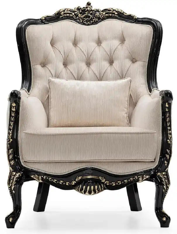 Casa Padrino Luxus Barock Wohnzimmer Sessel Creme / Schwarz / Gold - Handgefertigter Barockstil Sessel mit dekorativem Kissen - Luxus Wohnzimmer Möbel im Barockstil - Barock Möbel Mega-Angebot