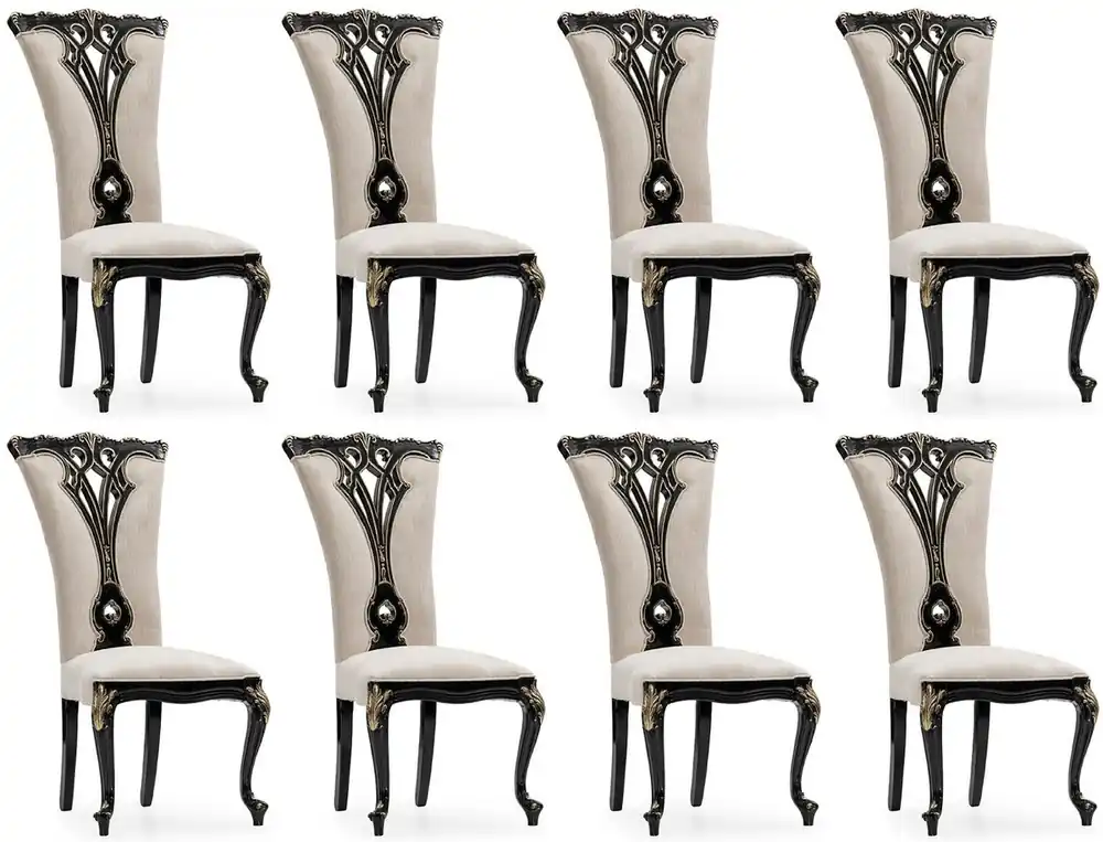 Sofort Bestellen Casa Padrino Luxus Barock Esszimmer Stuhl 8er Set Creme / Schwarz / Gold - Prunkvolle Barockstil Küchen Stühle - Luxus Esszimmer Möbel im Barockstil - Barock Esszimmer Möbel - Barockstil Möbel
