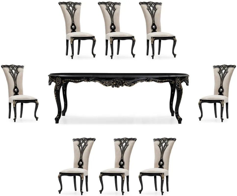 Casa Padrino Luxus Barock Esszimmer Set Creme / Schwarz / Gold - 1 Barock Esstisch & 8 Barock Esszimmerstühle - Luxus Esszimmer Möbel im Barockstil - Prunkvolle Barock Esszimmer Möbel Top-Seller