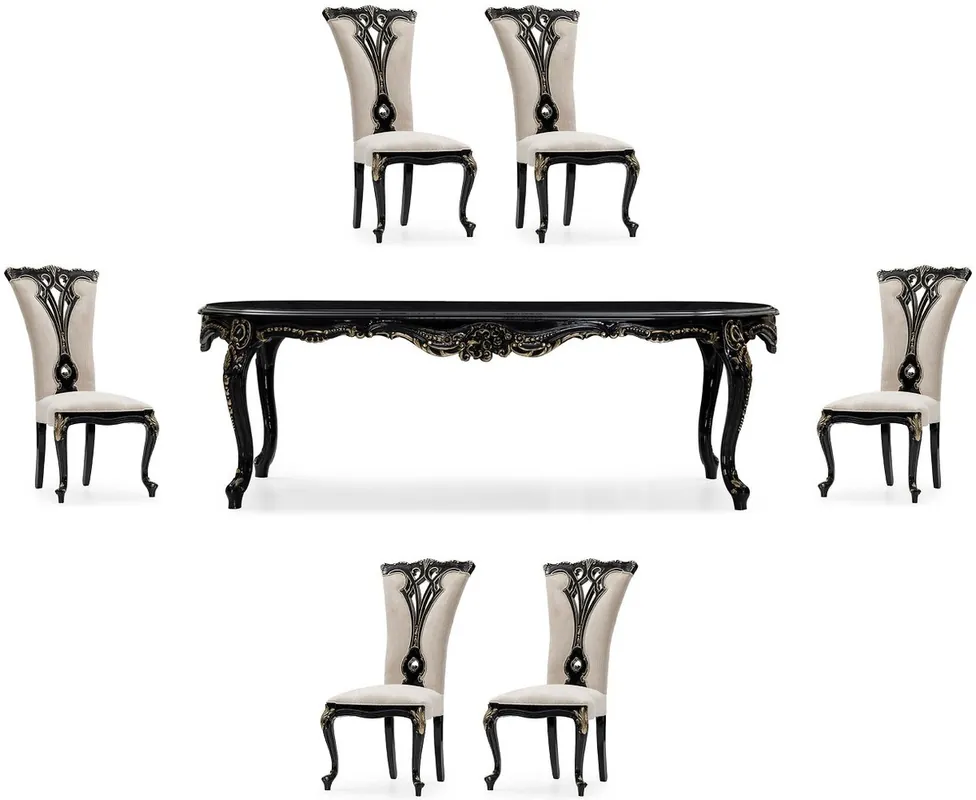 Casa Padrino Luxus Barock Esszimmer Set Creme / Schwarz / Gold - 1 Barock Esstisch & 6 Barock Esszimmerstühle - Luxus Esszimmer Möbel im Barockstil - Prunkvolle Barock Esszimmer Möbel Mega-Angebot