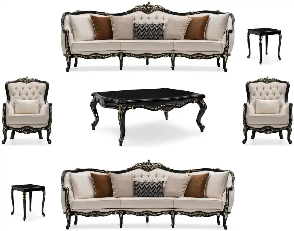 Finale Aktion Casa Padrino Luxus Barock Wohnzimmer Set Creme / Schwarz / Gold - 2 Sofas & 2 Sessel & 1 Couchtisch & 2 Beistelltische - Handgefertigte Wohnzimmer Möbel im Barockstil - Edel & Prunkvoll