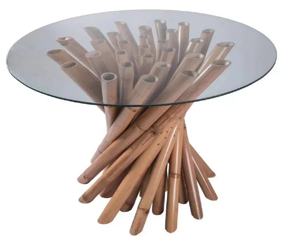 Begrenztes Angebot Casa Padrino Luxus Esstisch Naturfarben Ø 120 x H. 80 cm - Runder Bambus Küchentisch mit Glasplatte - Esszimmer Möbel - Bambus Möbel - Luxus Möbel - Luxus Esszimmer Einrichtung
