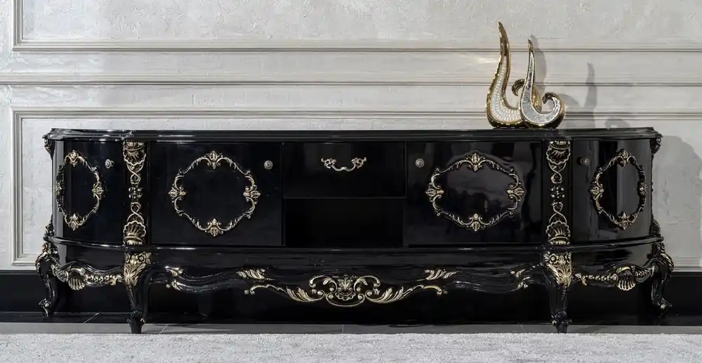 Casa Padrino Luxus Barock TV Schrank Schwarz / Gold - Prunkvolles Massivholz Sideboard mit 4 Türen und Schublade - Wohnzimmer Möbel im Barockstil - Barock Möbel - Edel & Prunkvoll Sale
